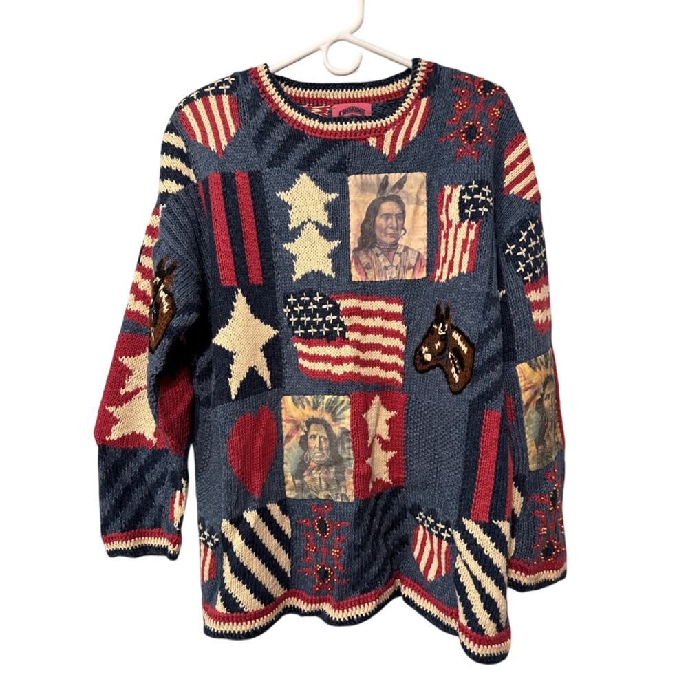 Cambridge Country Store NWT 90s Vintage Old Glory Patchwork Americana Sweater S